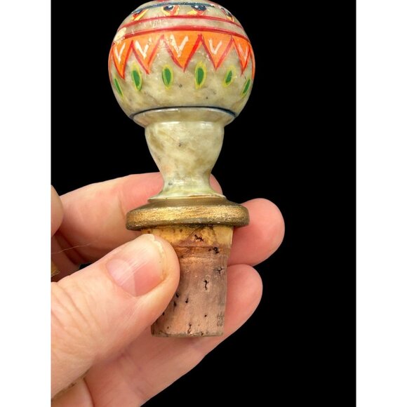 Vintage Set 2 Hand Painted Etched Marble Stone Wine Bottle Stoppers Barware BOHO - Picture 2 of 10